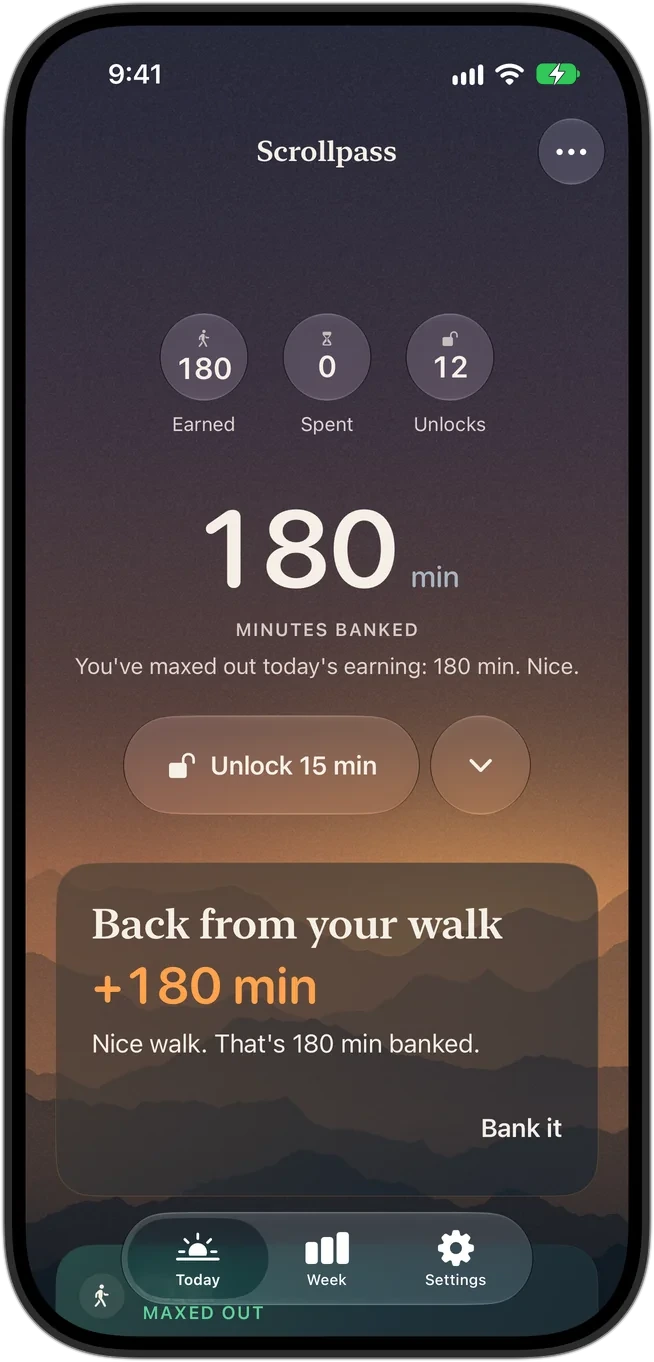 Home at the daily cap: 'You've maxed out today's earning: 180 min. Nice.'