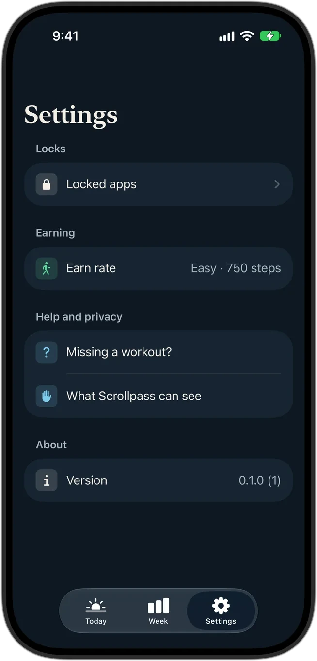 Settings screen