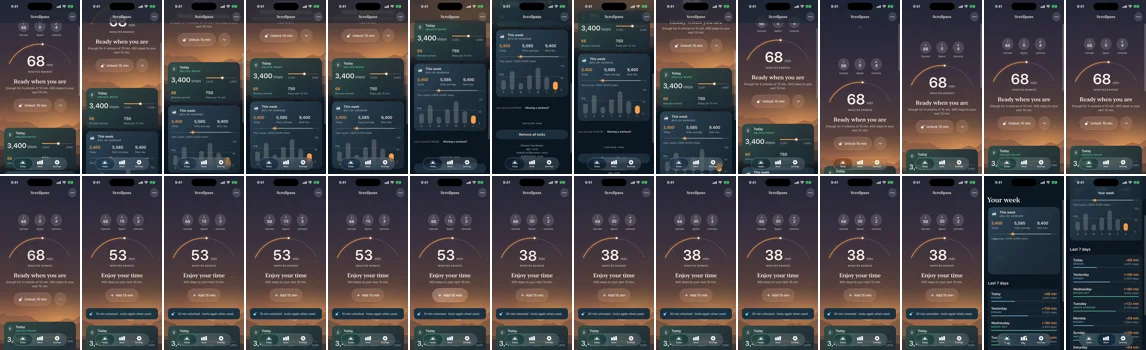 A contact sheet of a recorded take: scrolling Home, then an unlock lowering the bank from 68 to 38 minutes