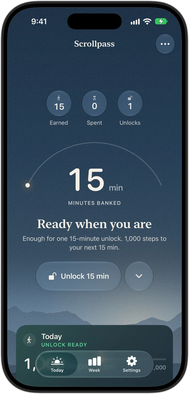 Today at 8 a.m.: 15 minutes banked