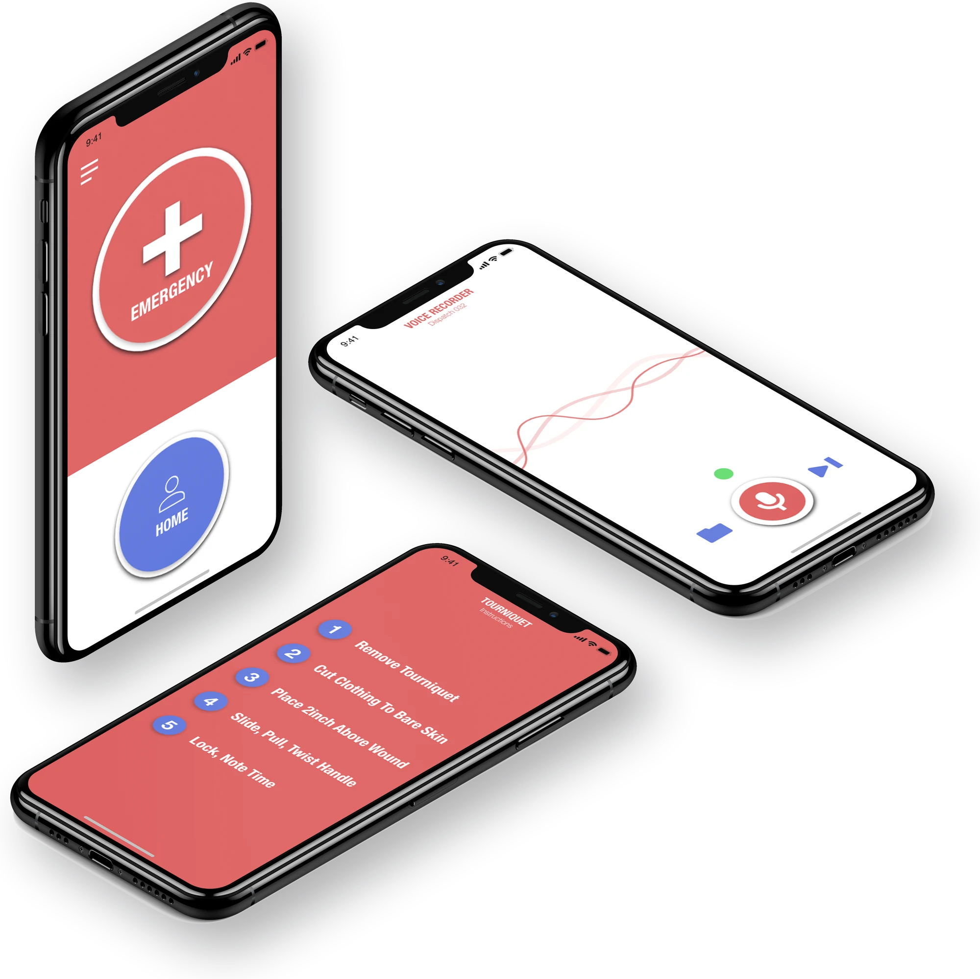 Three phones: emergency button, live dispatch audio, and step-by-step tourniquet instructions