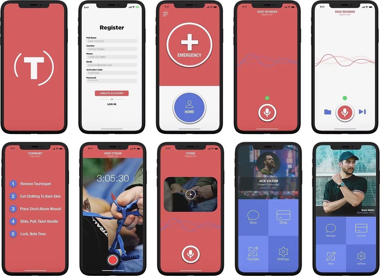 Ten high fidelity Trauma app screens: splash, register, emergency, voice recorder, tourniquet steps, video stream, stored dispatch, profile, and dashboard