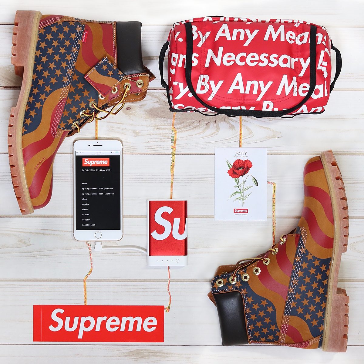 Supreme and Timberland flatlay styling
