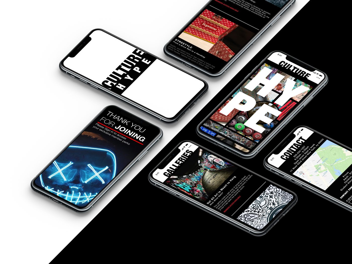 Culture Hype app screens on floating phones