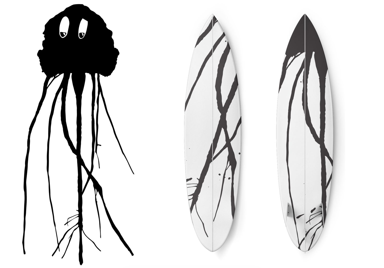Jellyfish ink creature beside surfboards with tentacle artwork