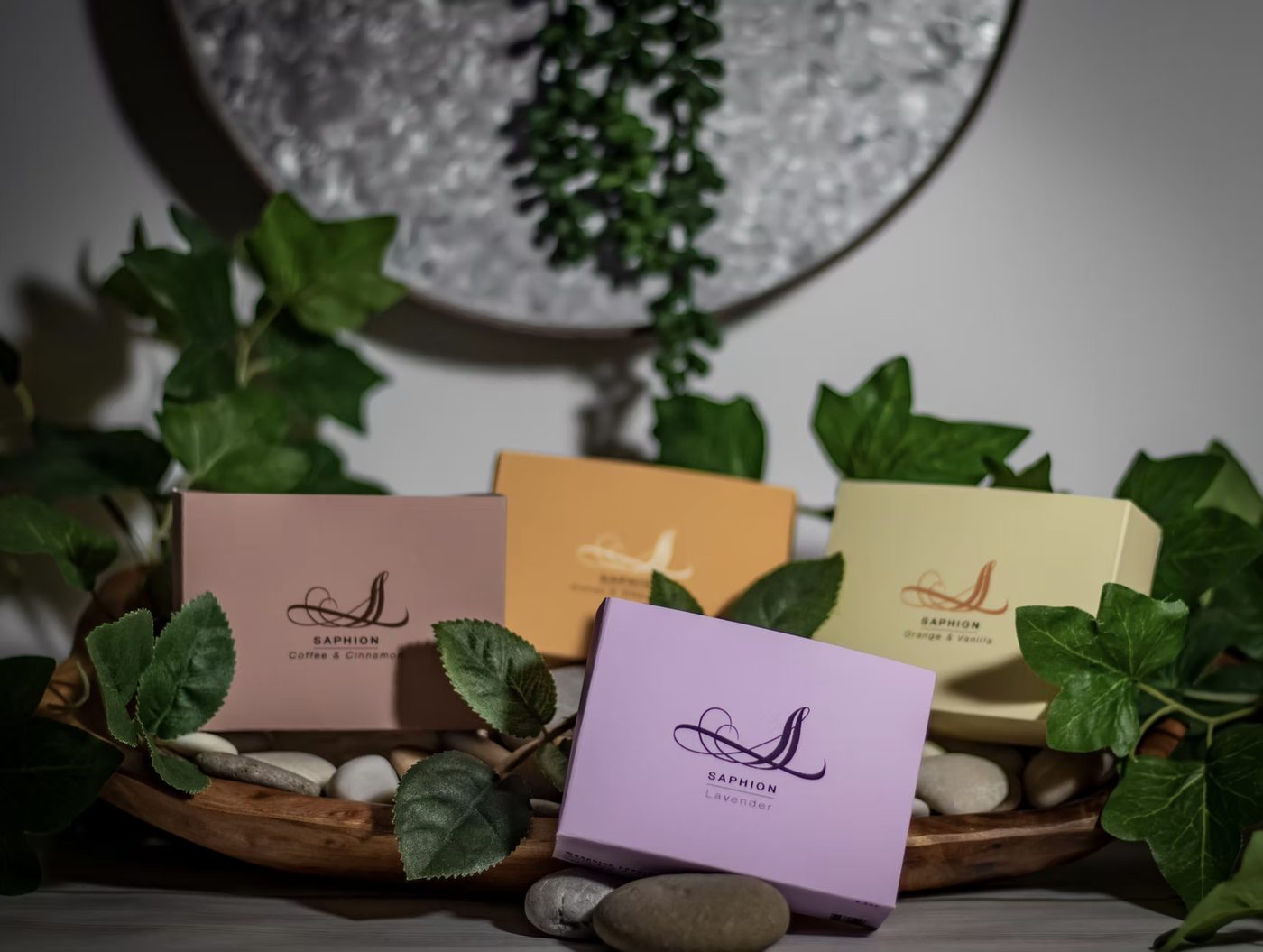 Sapphire pastel packaging boxes styled with plants and stones