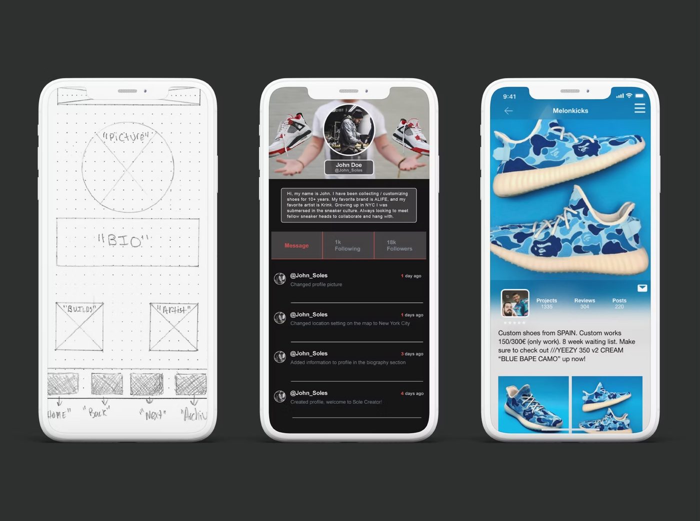 Sole Creator wireframe through final screen progression