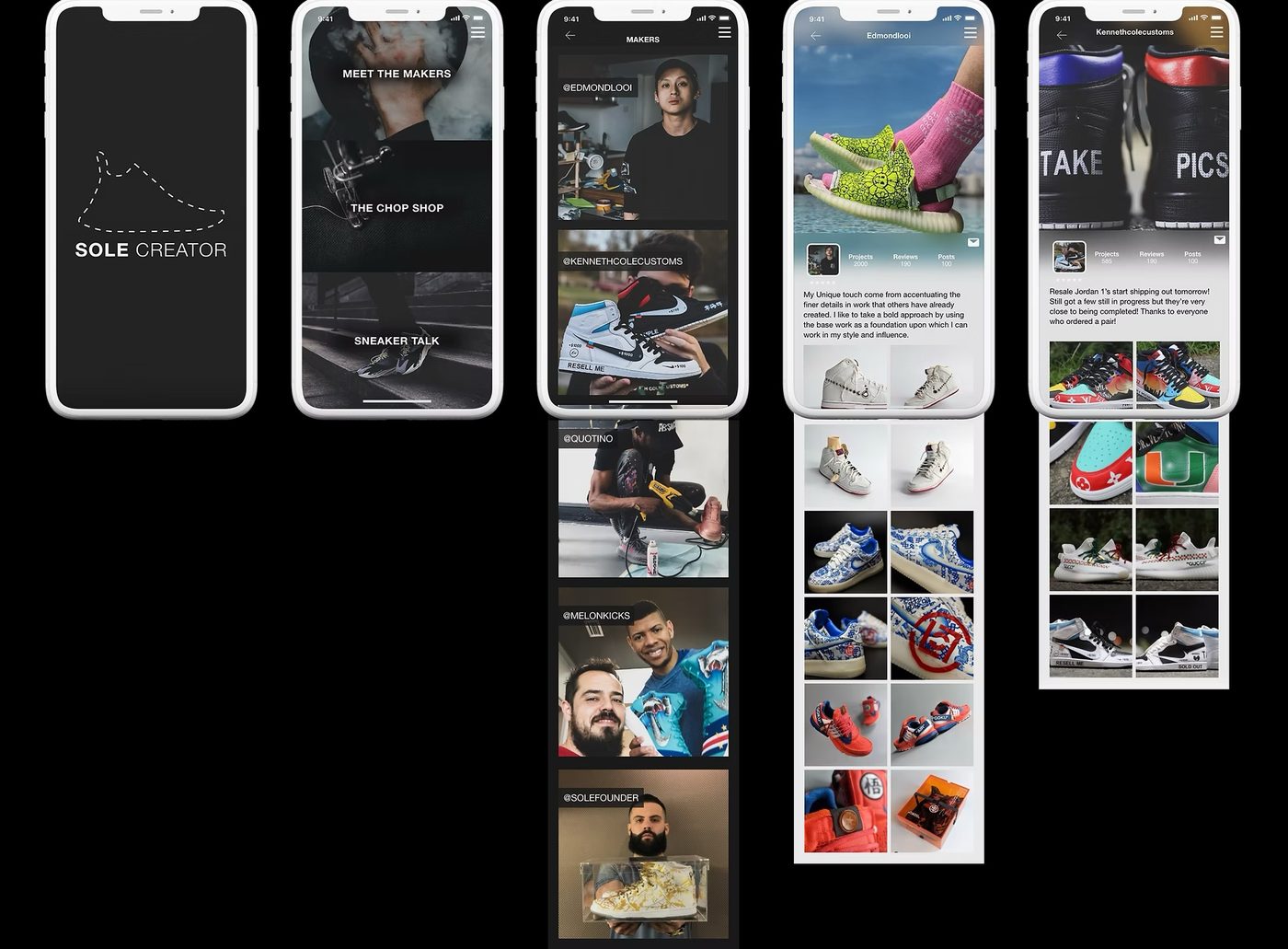 Sole Creator app screen flows on dark