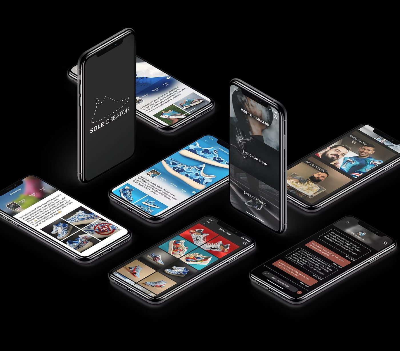 Sole Creator app screens on isometric phones