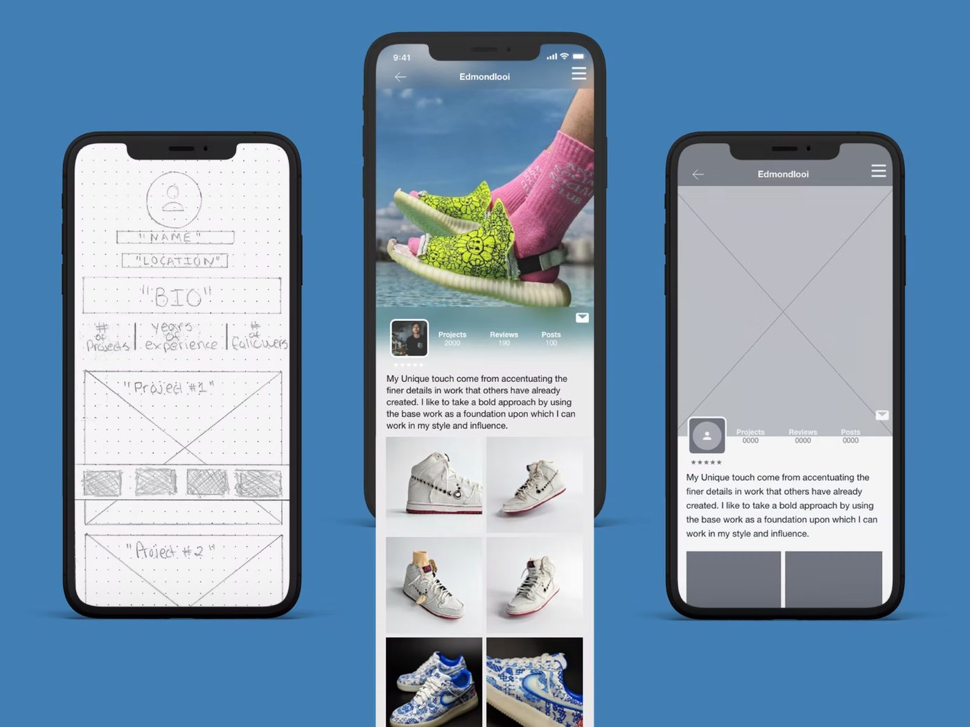 Sole Creator wireframes beside finished screens