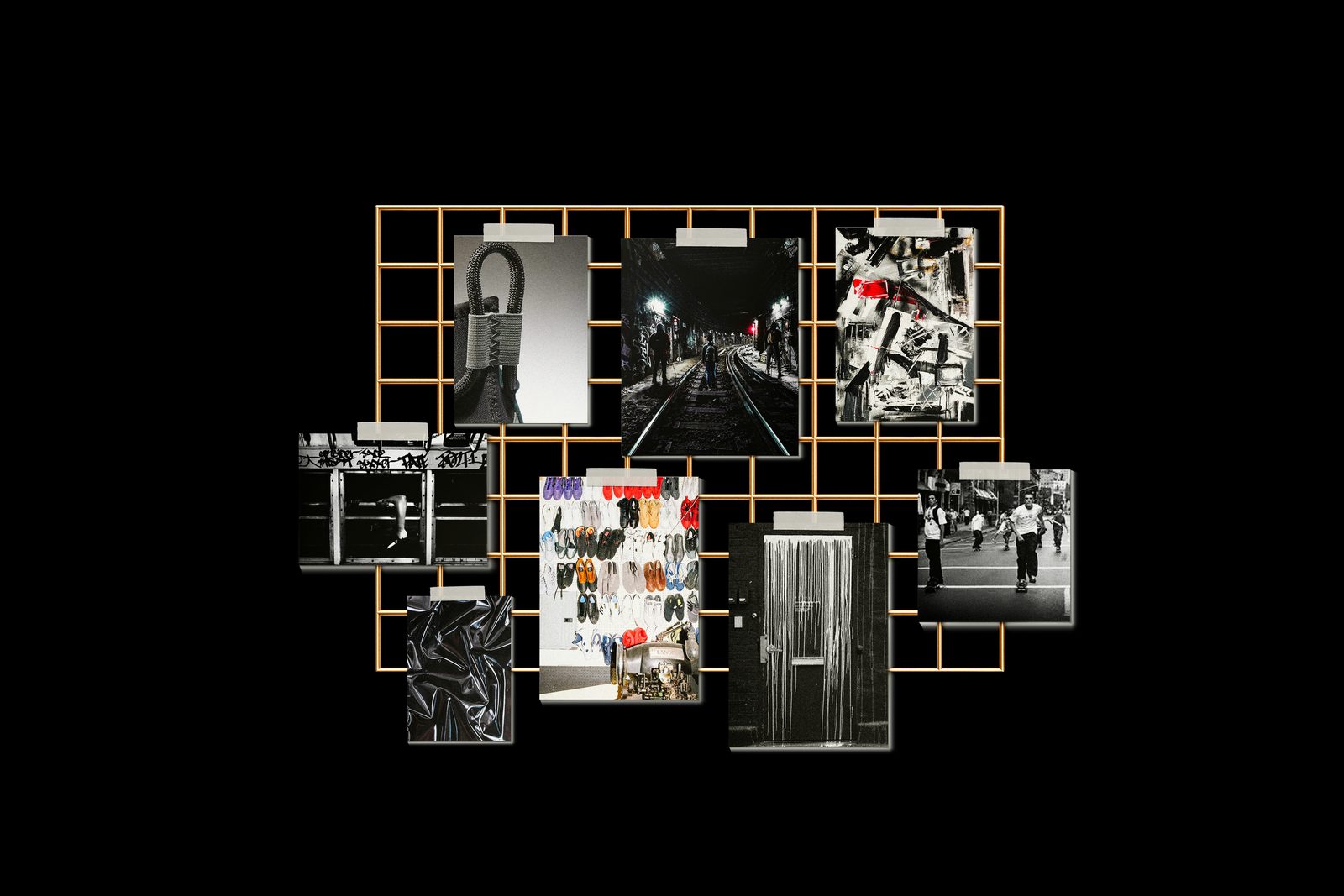 Sole Unit culture board: street photography, textures, and sneaker imagery pinned to a wire grid