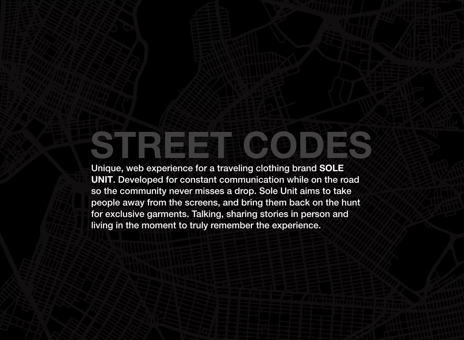 Street Codes: a web experience for a traveling clothing brand, shown over a dark city map