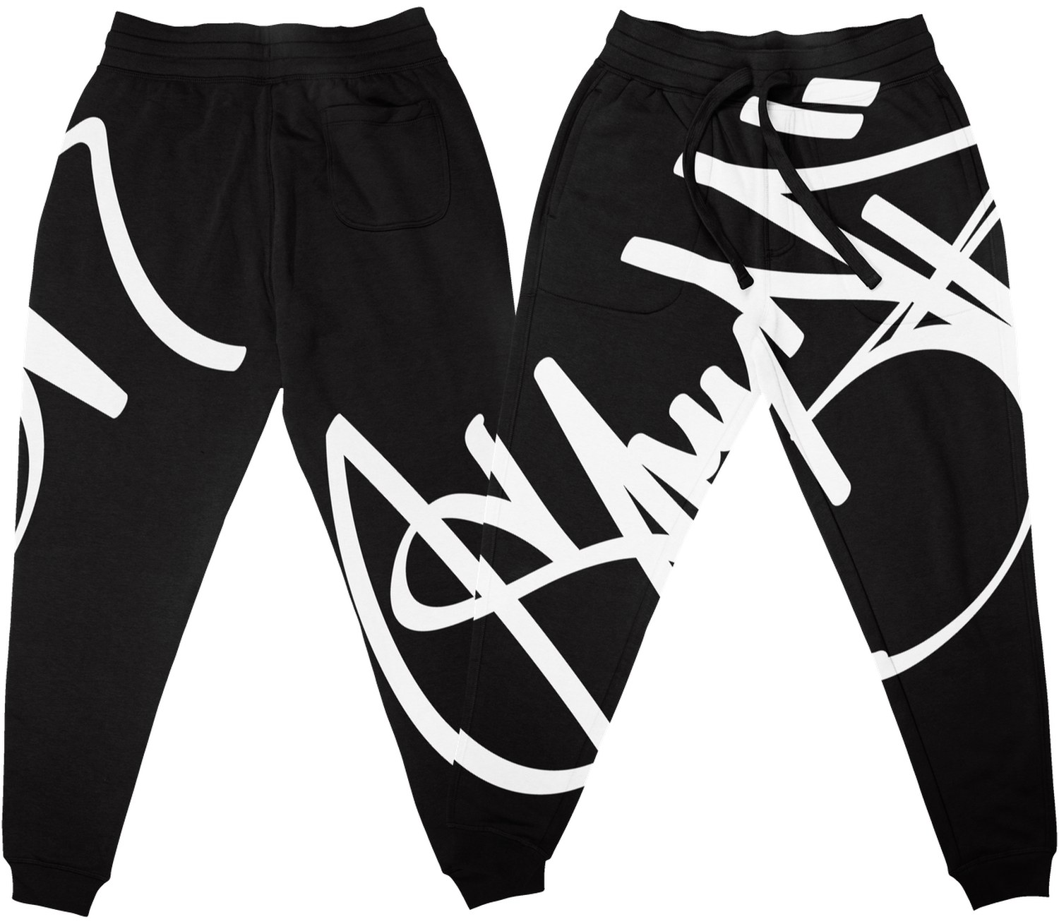 Sole Unit sweatpants, back and front, with the calligraphy print running across both