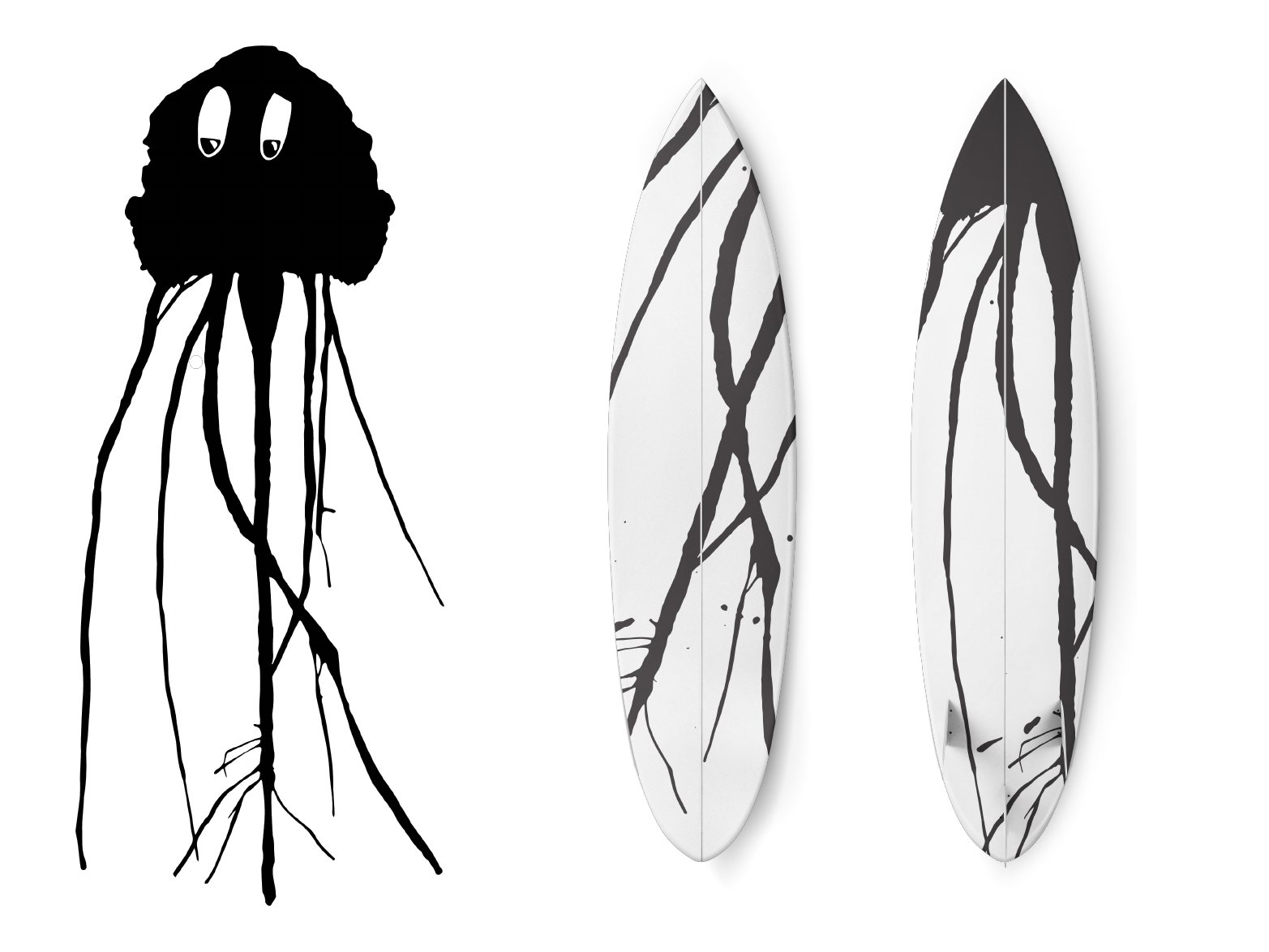 Jellyfish ink creature beside two surfboards with tentacle artwork