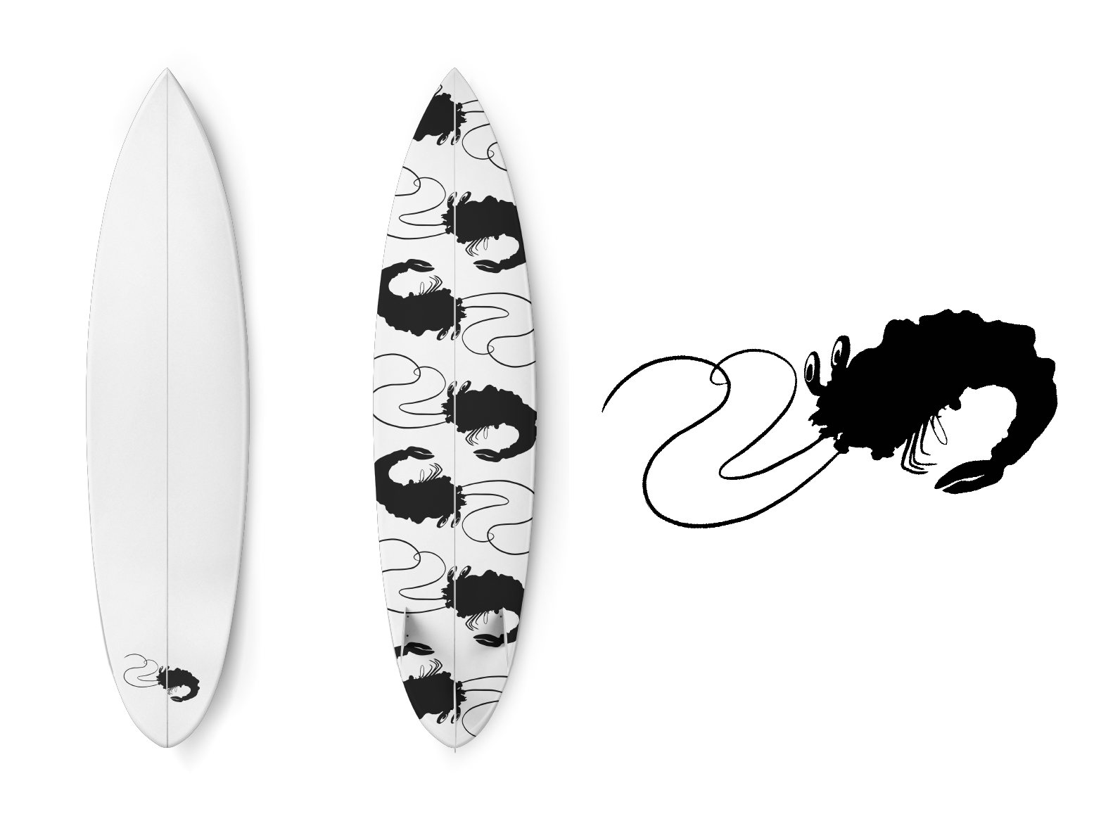 Surfboard with shrimp pattern beside the shrimp creature