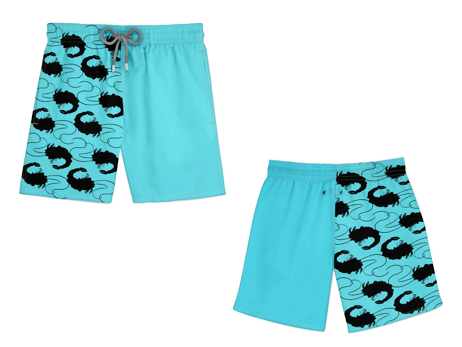 Turquoise boardshorts with Surf Creatures pattern